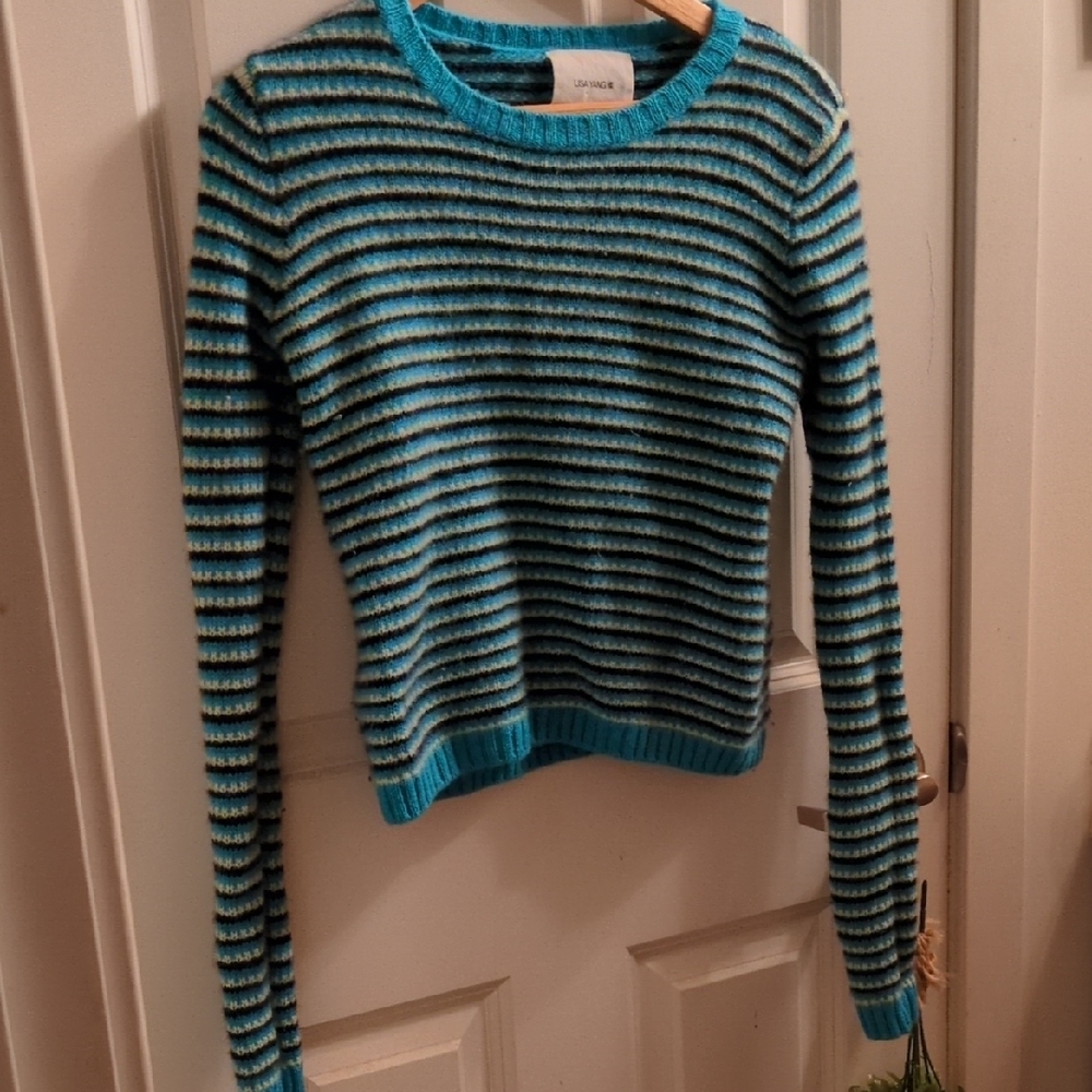 Lisa Yang Designer Striped Turquoise and Black Cashmere Sweater